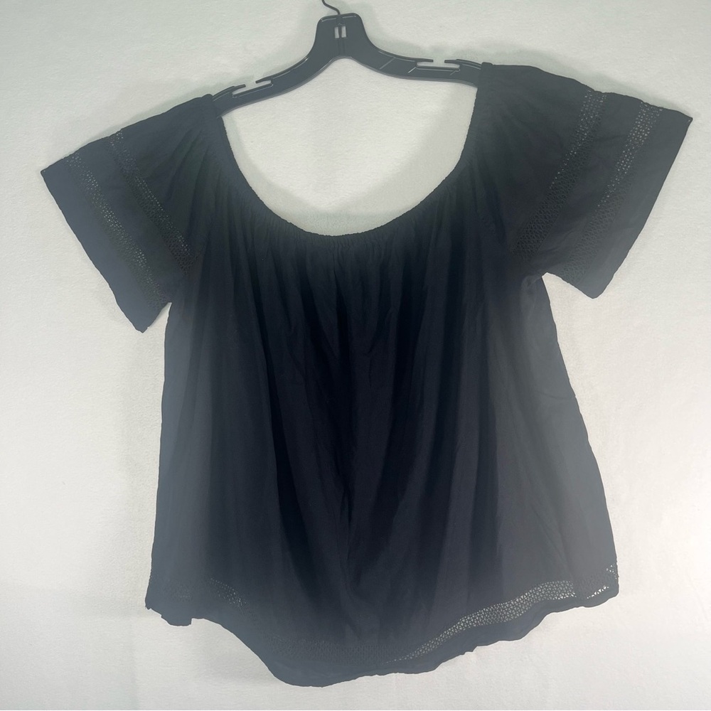 Women's SO Black Off-the-Shoulder Top 3X Plus Size Lace Trim & Inserts Boho Goth